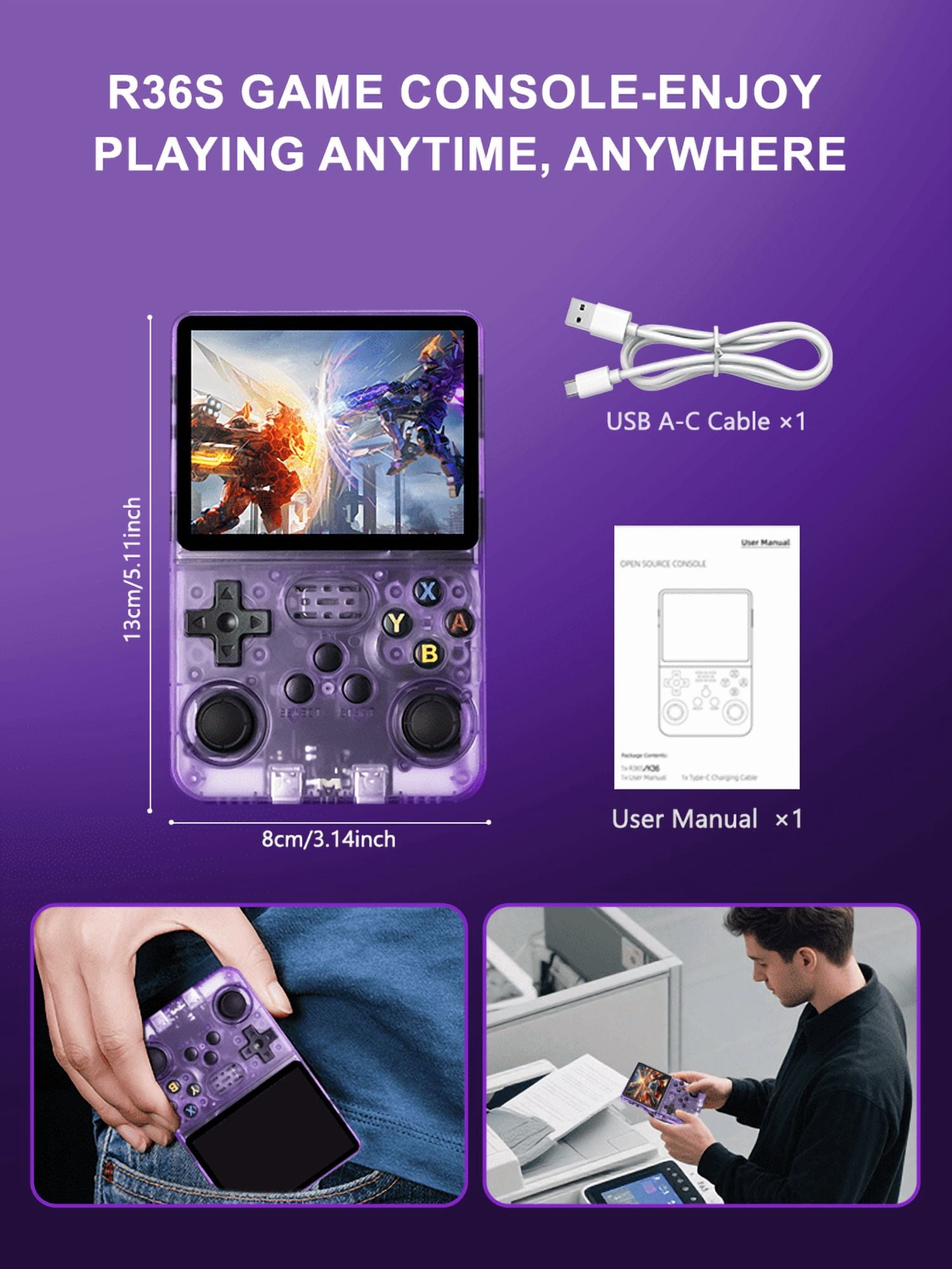 Endless Retro Fun: Purple R36S 128G Open Source Handheld with Large Screen, Big Memory & Big Battery