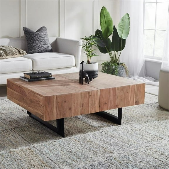 Pemberly Row Contemporary Glide Coffee Table with sliding top in Natural finish