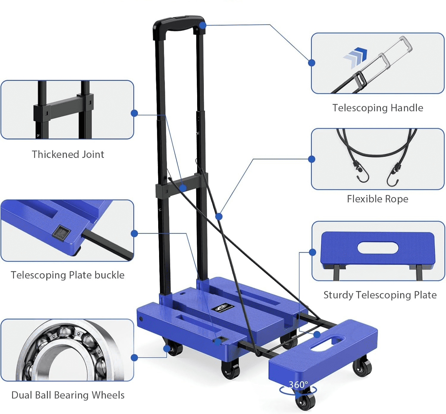 LLMRR Folding Hand Truck, Heavy Duty Dolly Cart, Collapsible Luggage Cart with 6 Wheels & 2 Elastic Ropes, 500 LB Capacity Portable Luggage Cart for Moving, Traveling and Shopping, Blue
