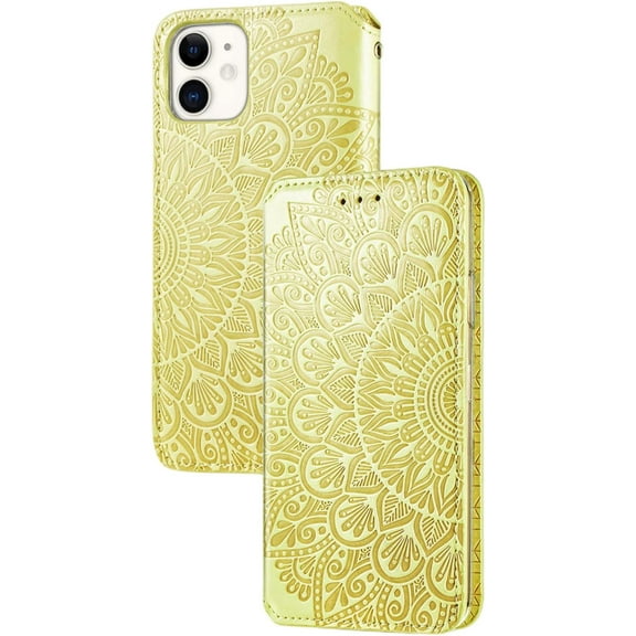 Retro Flower Comfortable PU Flip Phone case with Wallet Card Holder for iPhone 14 13 12 11 8 7 6 S X XS XR Plus Pro Max Mini Protective Cover Exquisite Shockproof Bumper(Yellow,11 Pro)