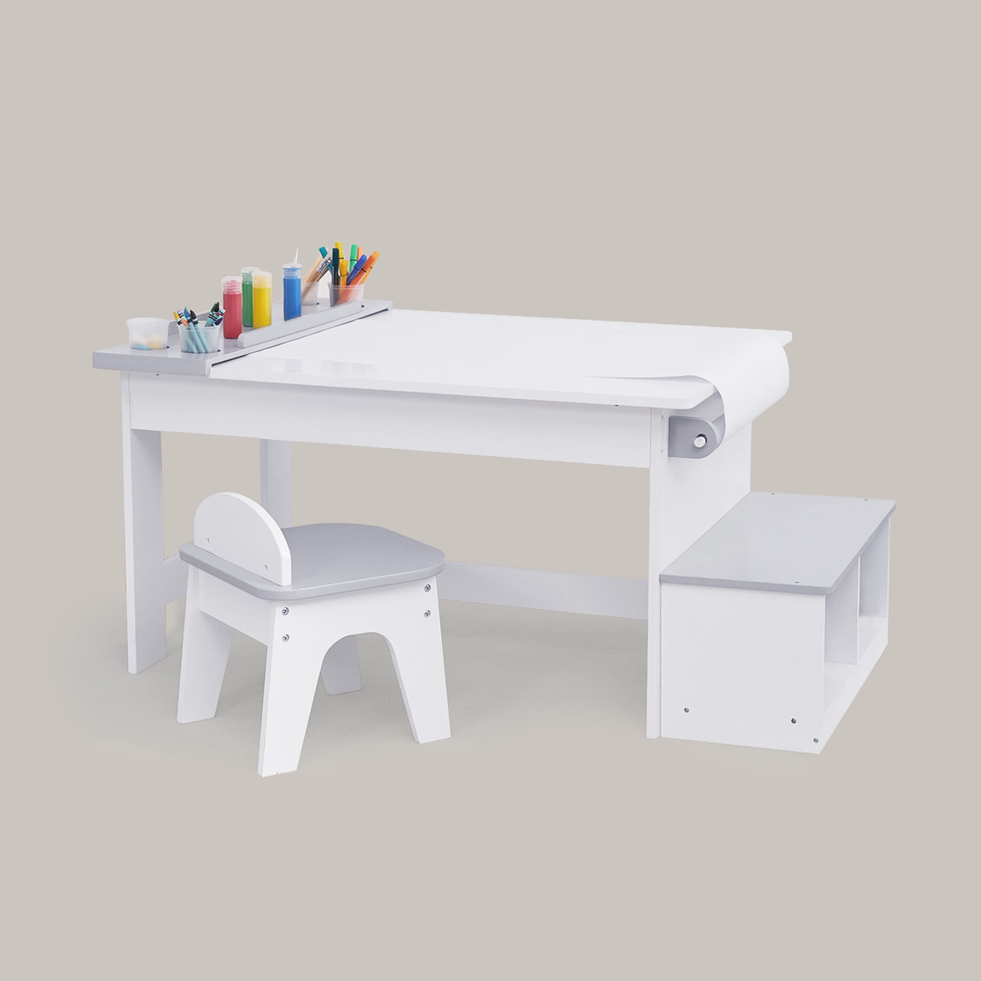 Teamson Kids Little Artist Monet Kids' Play Art Table with Chair and Storage Bench Seat, White/Gray