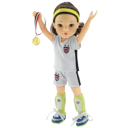 14 Inch Doll Clothes | Team USA-Inspired 8 Piece Soccer Uniform, Including Socks, Ball, Shin Guards, Headband, Gold Medal and Soccer Shoes/Cleats | Fits American Girl Wellie Wishers