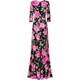 thumbnail image 2 of Bon Rosy, Women's, 3/4 Sleeve V-Neck Printed Maxi Faux Wrap Floral Dress, Black Fuchsia, M, 2 of 3