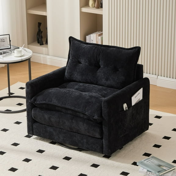 360° Rotating Accent Chair with Thick Memory Foam, Mid-Century Modern Armchair, Chenille Fabric & Side Pockets - Black Living Room Bedroom Chair