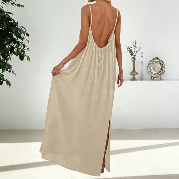 Nmnitkp Dresses for Women Sleeveless Spaghetti Strap Backless Solid Color Maxi Dress, Casual Loose Fit Summer Beach Vacation Loungewear with Side Split & Tie Back Women's Dresses Beige,S