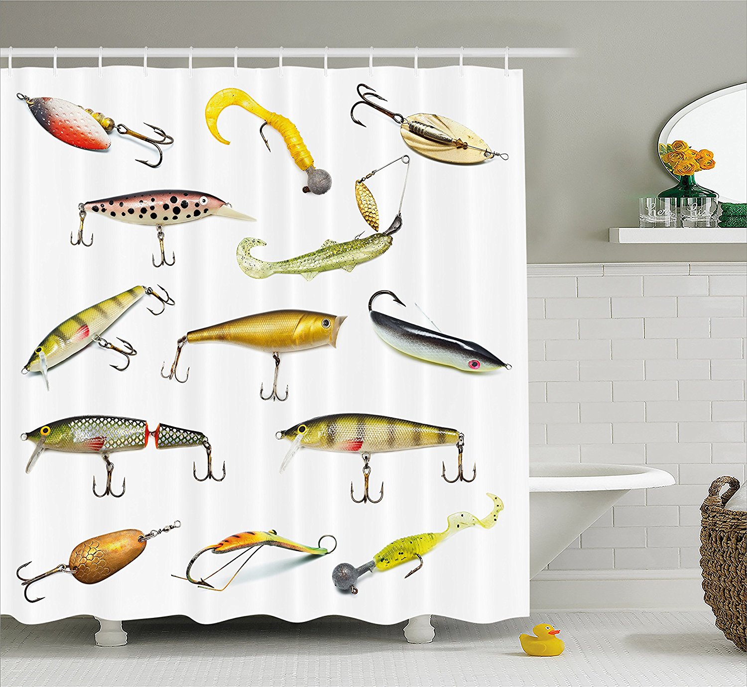 Fishing Decor Shower Curtain by , Fishing Tackle Bait for Spearing