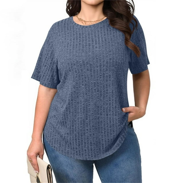 TaTaai Plus Size Everyday Top Women, Striped Short Sleeve Round Neck T-Shirt, Loose Fit Five Quarter Sleeve Blouse, Lightweight Soft Casual Apparel Gift