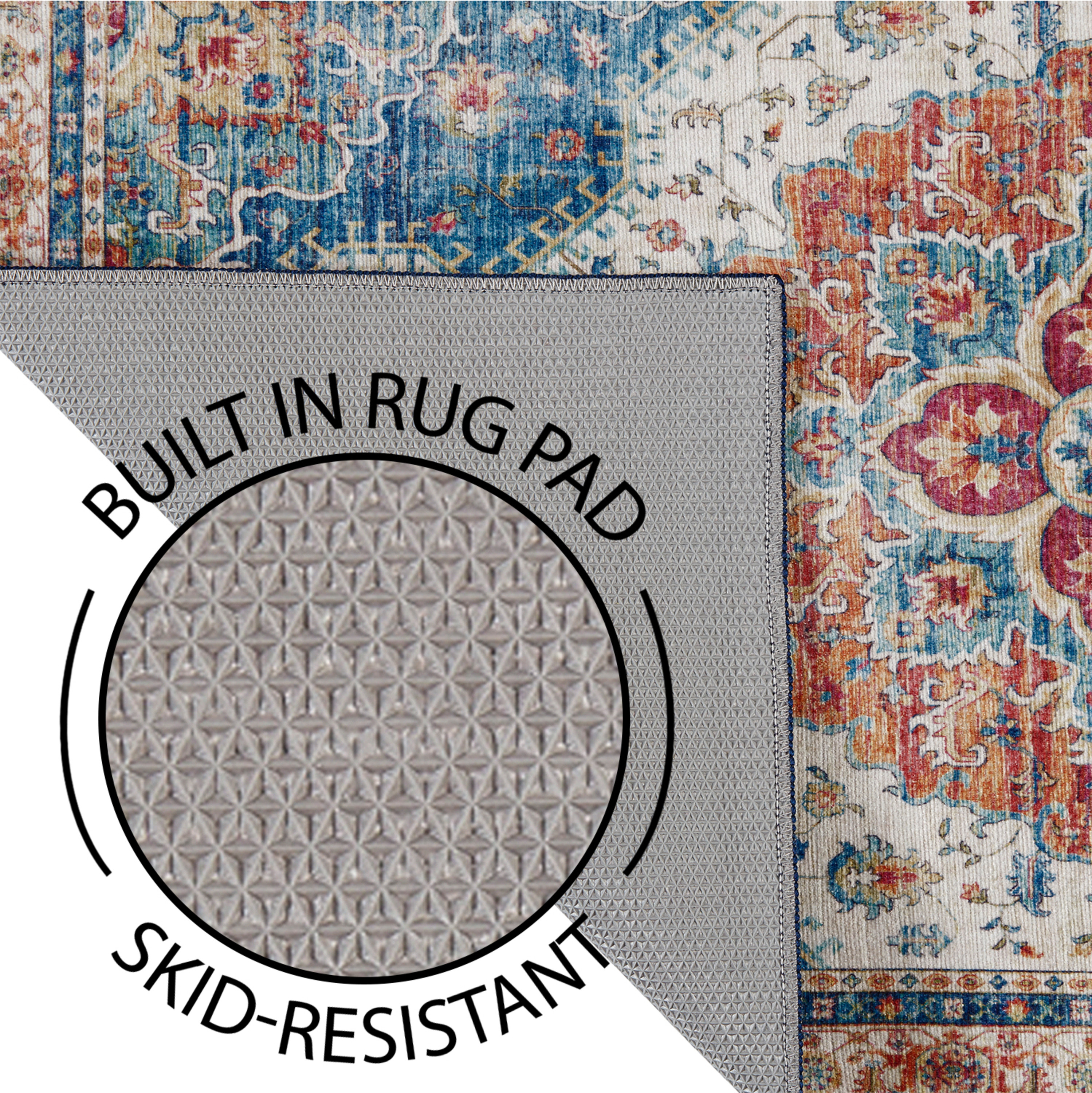 Blue Multi Medallion Skid- Resistant Area Rug, 5' x 7'
