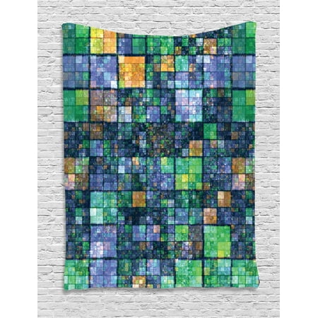 Quilt Wall Hanging - Modern Tapestry, Mosaic Geometric Design with Rainbow Colors Patchwork like Design Artwork, Wall Hanging for Bedroom Living Room Dorm Decor, Blue Yellow and Green, by Ambesonne