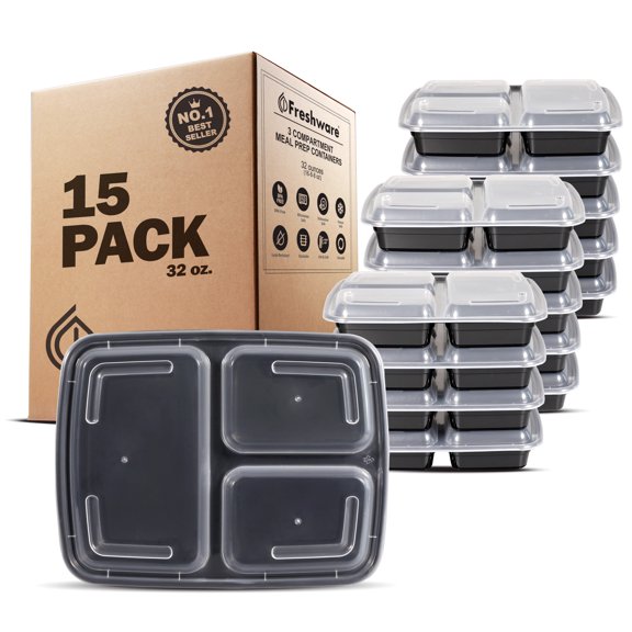 Freshware Meal Prep Containers [15 Pack] 3 Compartment with Lids, Food Containers, Lunch Box, Stackable, Bento Box, Microwave/Dishwasher Safe (32 oz)