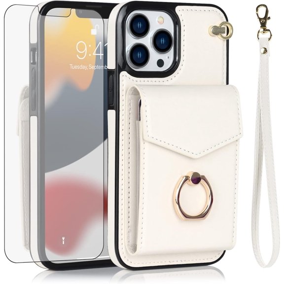 REQO Phone Case for iPhone 13 Pro Max 2021 6.7 inch Wallet Cover with Tempered Glass Screen Protector and RFID Ring Card Holder Cell iPhone13promax 5G i Phone13Max Plus iPhone13 ProMax Off White