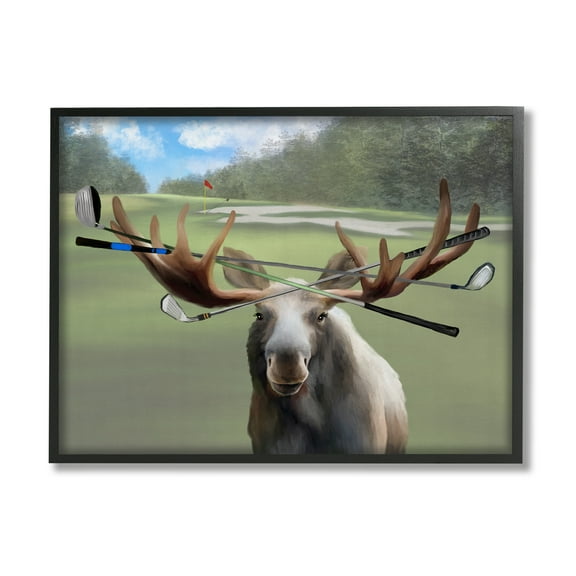 Stupell Funny Golf Clubs Moose Antlers Animals & Insects Painting Black Framed Art Print Wall Art