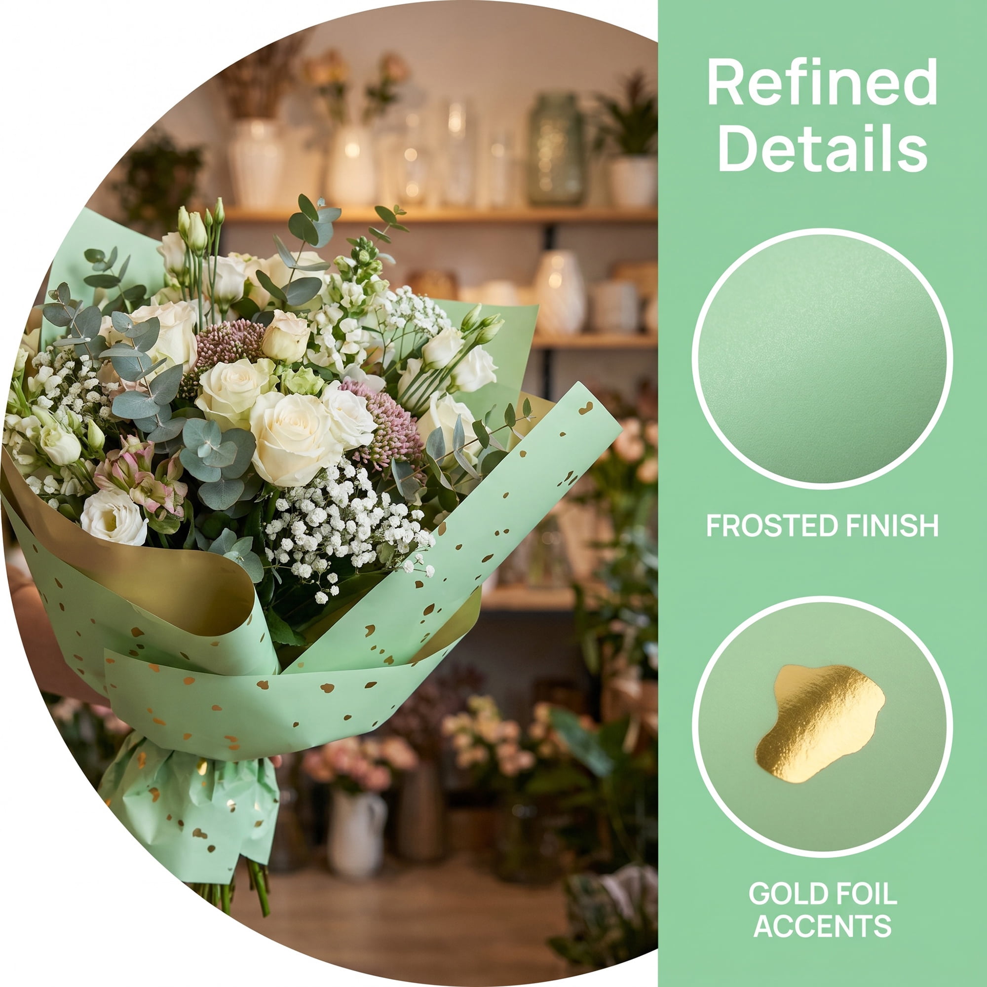 Unique Bargains Flecked Gift Wrap Paper for Floral Arrangements Green Gold 22.4"x 22.4"