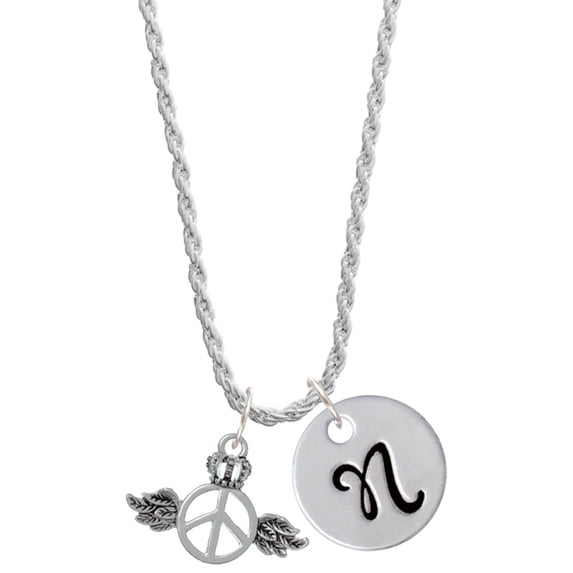 Delight Jewelry Silvertone Winged Peace Sign with Crown Silvertone Script Initial Disc - N - Charm Necklace, 20"+3"