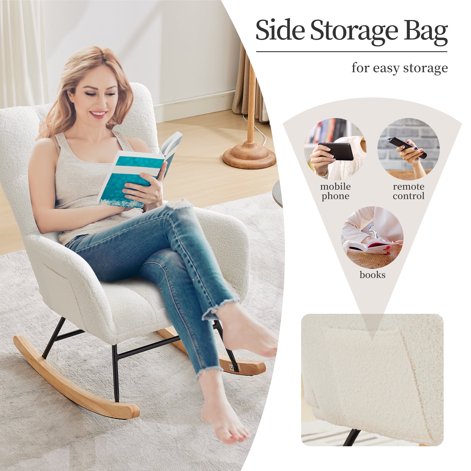 300Lbs Load-Bearing Nursery Glider Rocking Chair, Teddy Upholstered, High Backrest & Armrests, Side Pockets, Padded Seat, High Backrest, Armrests, Metal Legs & Wood Base for Living Room, Bedroom