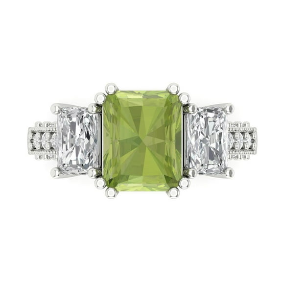 4.27 ctw 3 Stone Anniversary Ring for Women | Emerald Cut Natural Peridot | Hyperallergenic Solid 14K White Gold