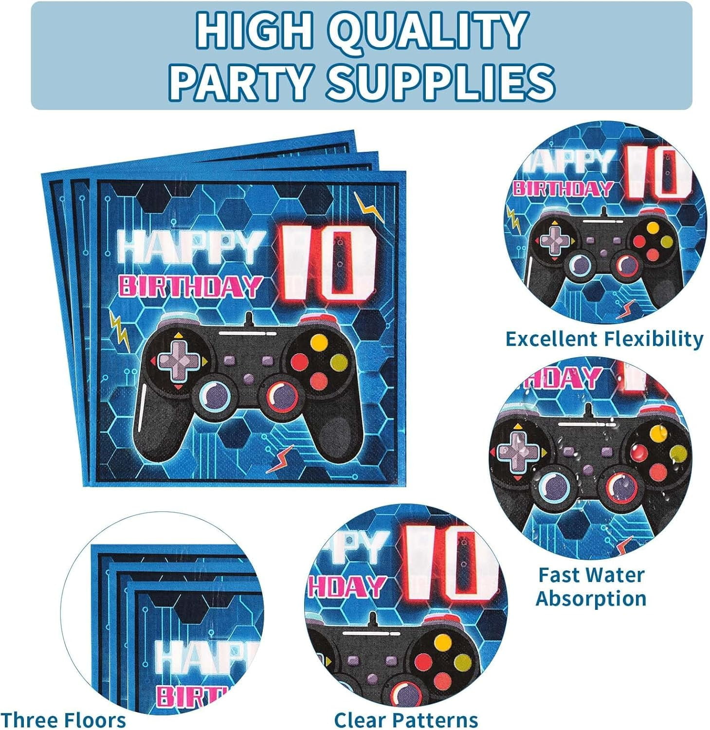 96 Pcs 10th Video Game Birthday Party Decorations Blue Video Game Level 10 Birthday Plates and Napkins Tableware Sets for Kids Boys 10 Years Old Gamer Gaming Party Supplies Favors Serves 24