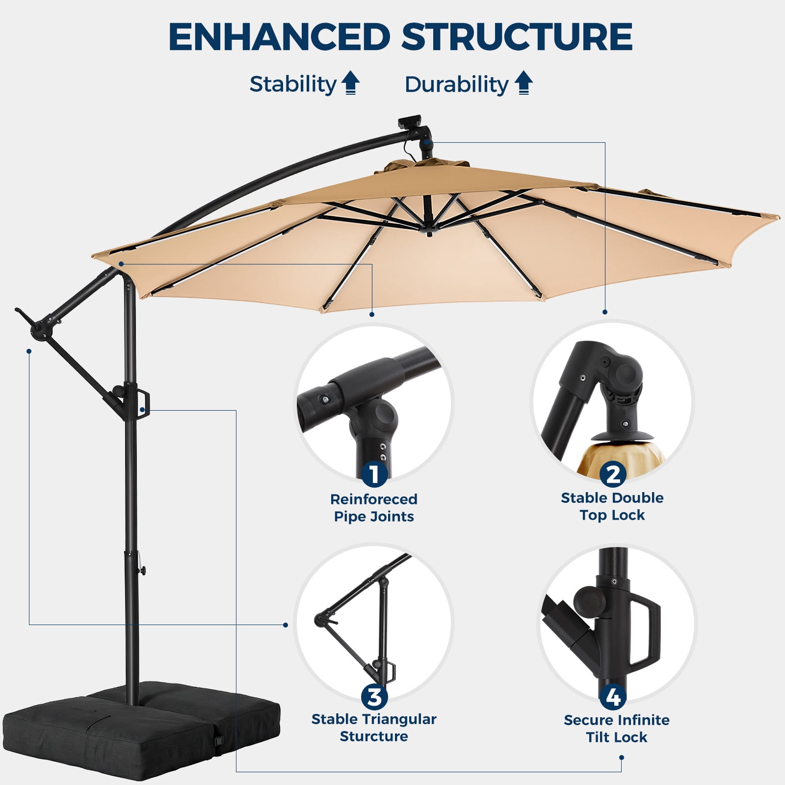 Patbrela 10ft Offset Patio Umbrella with Base, Cantilever Hanging Outdoor Umbrella with Solar Light Strips, Tilt Adjustment, Market Umbrella for Yard, Garden, Beach, Pool & Deck, Beige