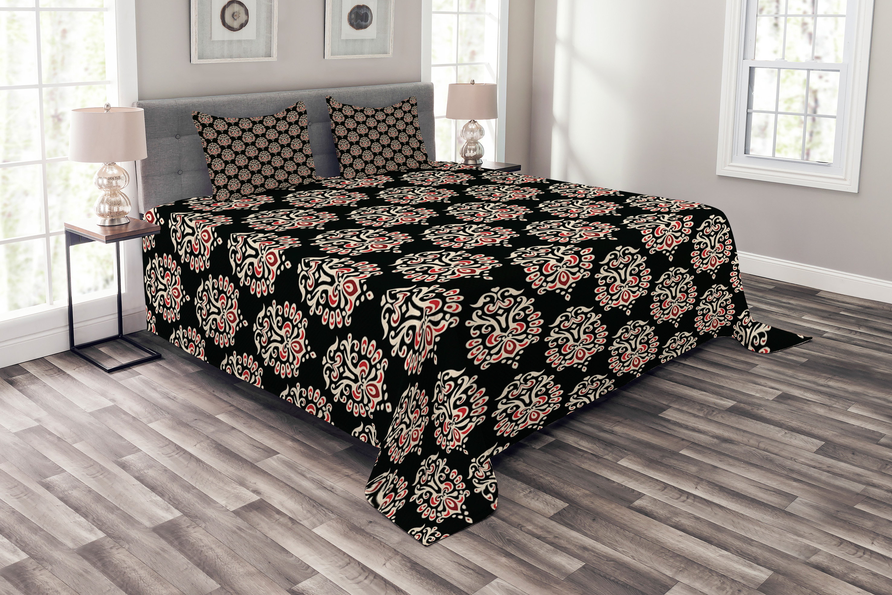 Damask Bedspread Set, Traditional Old Fashioned Abstract Motifs Floral
