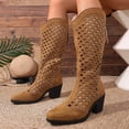 thumbnail image 6 of Purcolt Womens Hollow-out Mid-Calf Boots Vintage Trendy Faux Suede Pointed Toe Block Heel Booties Comfort Casual Non-Slip Western Cowgirl Boots with Back Zip, 6 of 8