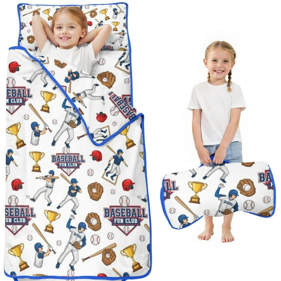 White Baseball Fun Club Pattern Toddler Nap Mats for Kids Preschool,Sleeping Mat Bag or Kids,Toddler Sleeping Bag,Toddler Nap Mat or Daycare