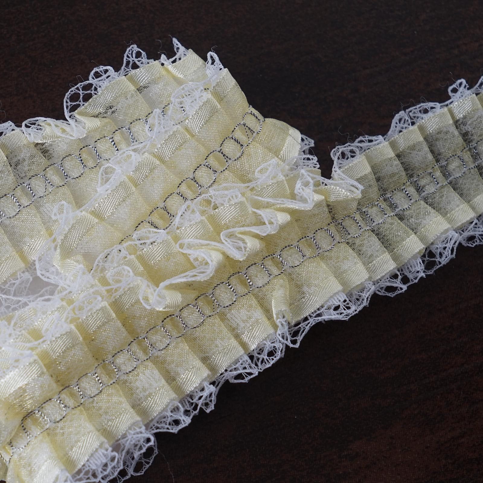 White Double Ruffle Lace Trim with White Ribbon Top~By 5 Yards