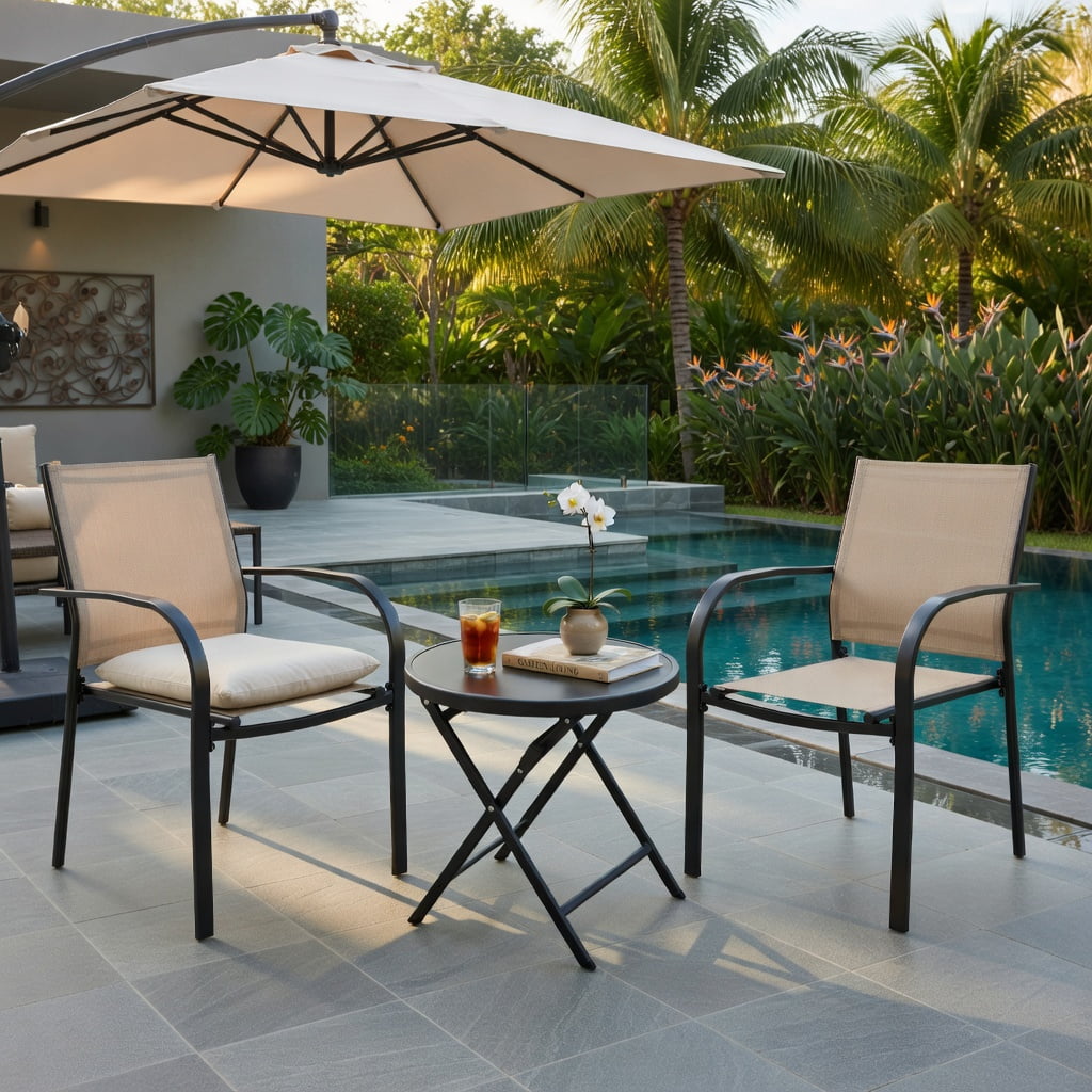 Hommoo 2-Pack Stackable Outdoor Dining Chairs with Armrests, Rust-Resistant Steel Frame, Breathable Fabric Seat, Patio Chairs for Deck, Garden, Poolside, Brown