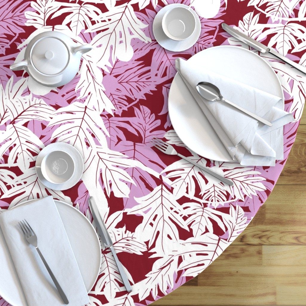 Modern Tropical Round Tablecloth Hula /'ulu White Orchid On Burgundy Jumbo by kadyson Palm Cotton Sateen Circle Tablecloth by Spoonflower