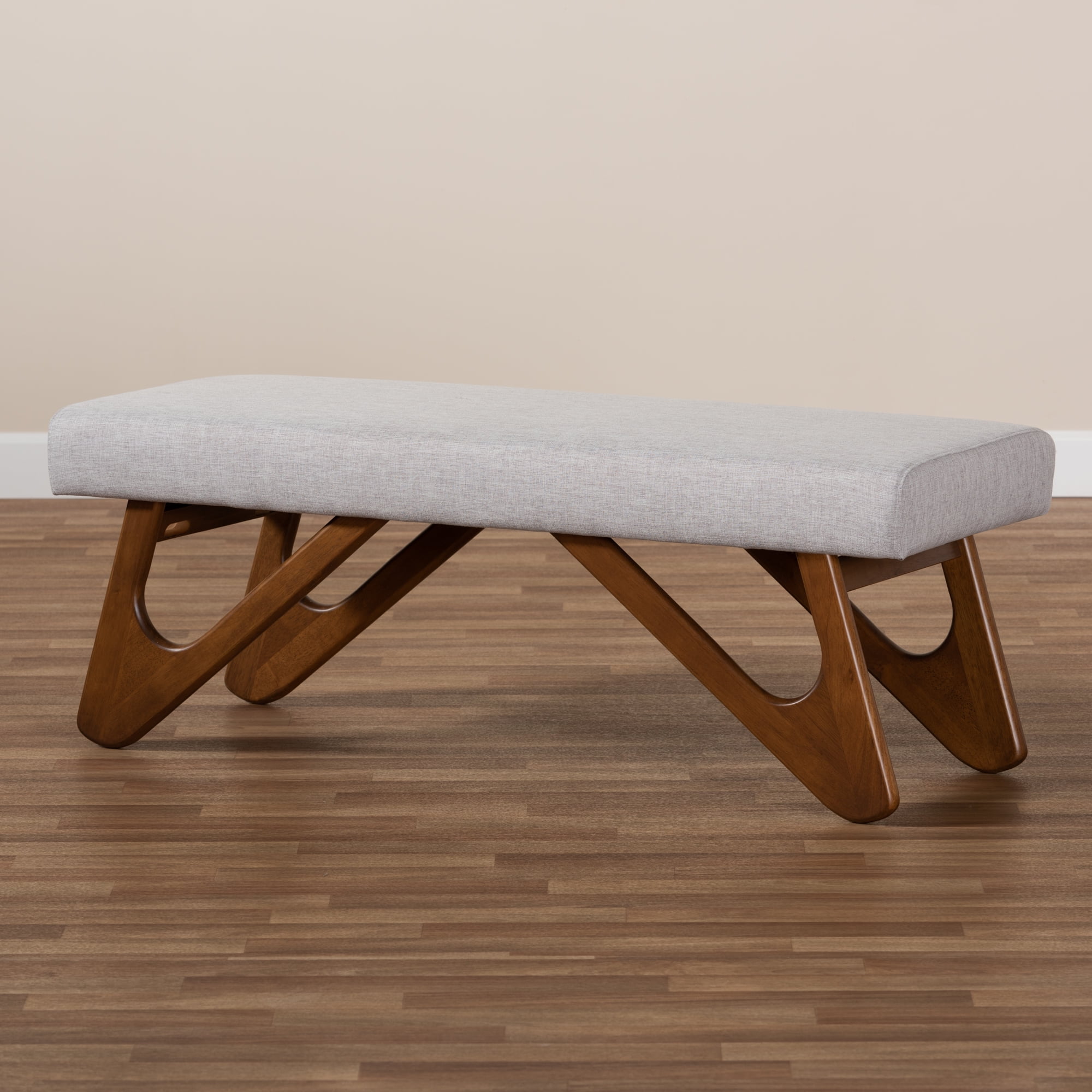 Baxton Studio Rika Mid-Century Modern Grayish Beige Fabric Upholstered Walnut Brown Finished Boomerang Bench