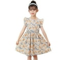 thumbnail image 5 of PEASKJP Girl's Sun Dresses Round Neckline Floral Prints Ruffle Hem Sleeve Relaxed Fit A-Line Princess Dresses Beige 110, 5 of 5