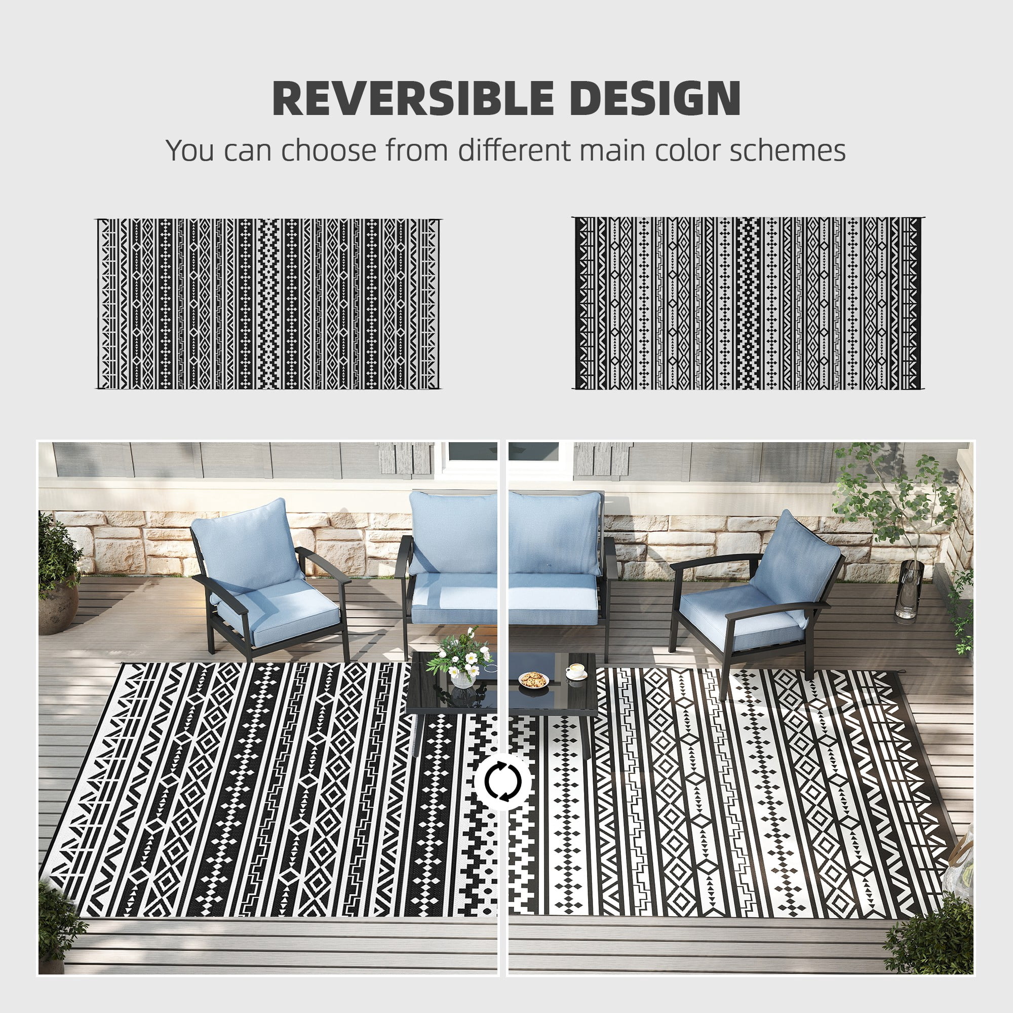 Outsunny Outdoor Patio Rug, Large Camping Carpet with Carrying Bag, 9' x 18' Waterproof Plastic Straw, Reversible, Black & White Geometric Wall