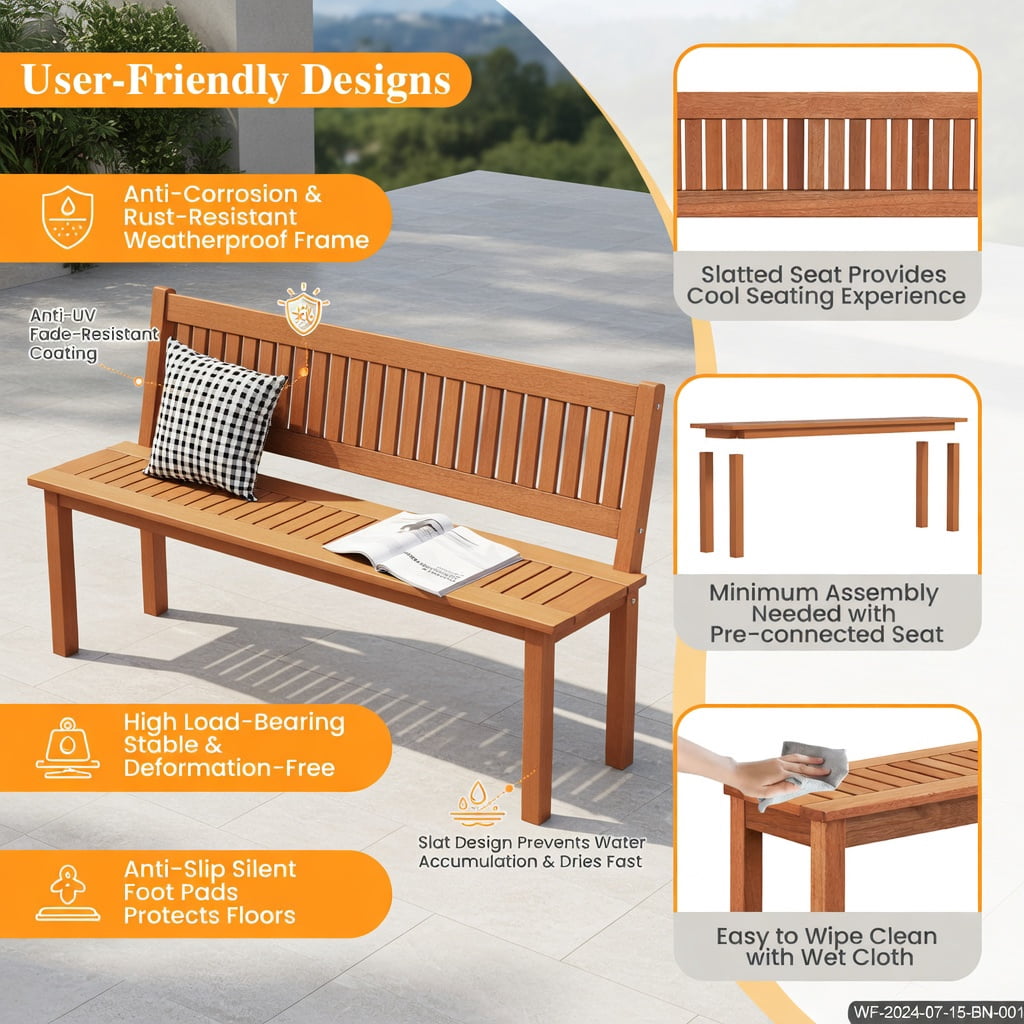 Hommoo 59" Outdoor Wooden Patio Bench, Backless Teak Oil Finished Solid Wood Bench for Porch, Deck, Balcony & Indoor Use, Natural