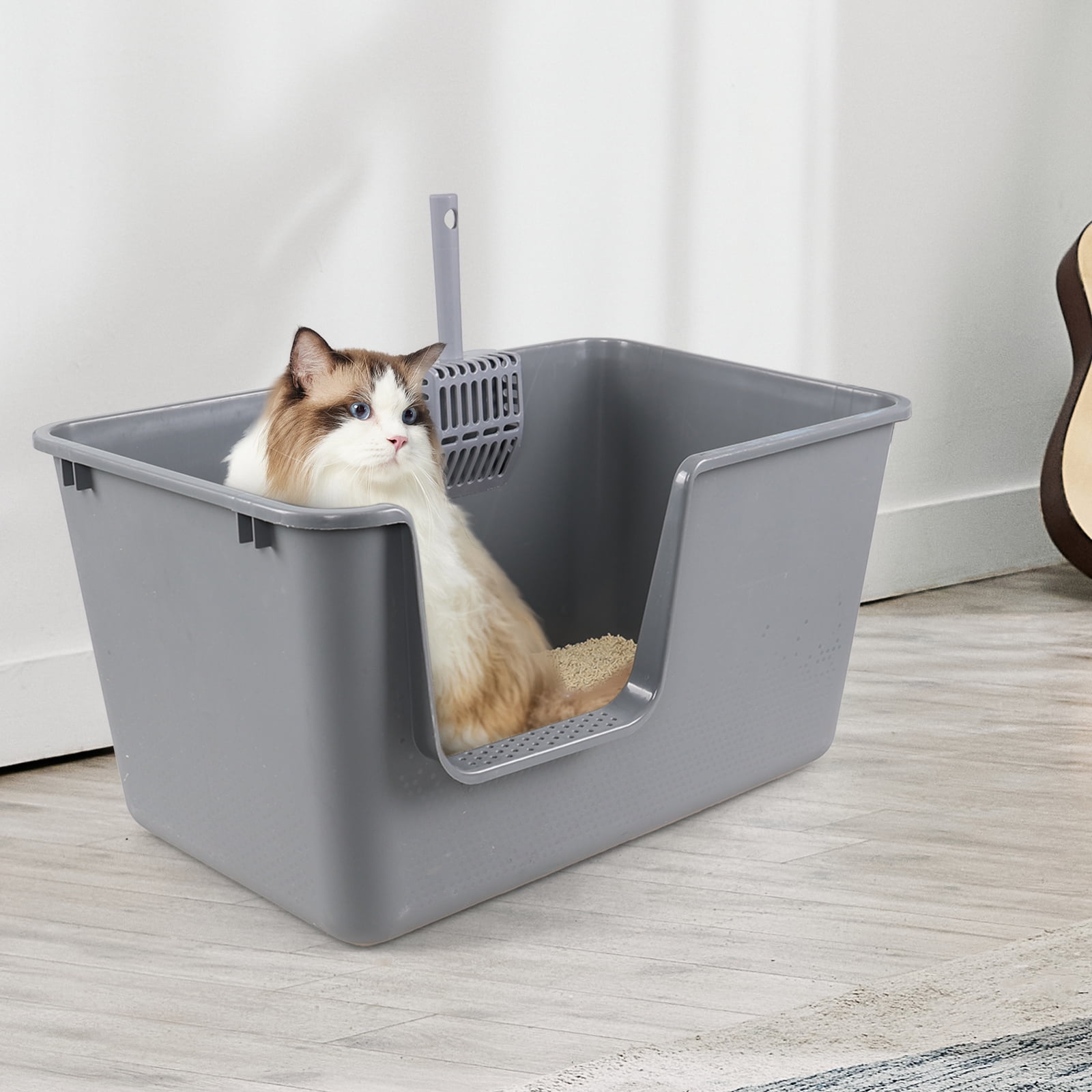 Hespama Plastic High Side Cat Litter Boxes with Scoopers, 2 Pack Large Gray Open Top Litter Trays