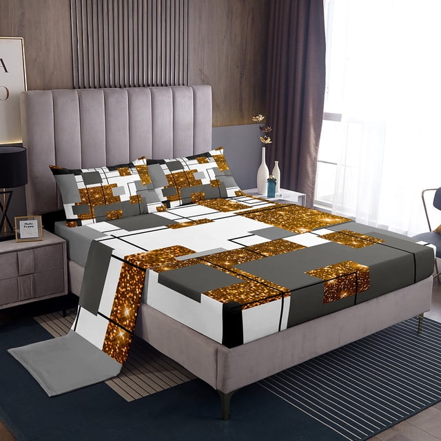YST Abstract Geometric Bedding Full Orange Glitter Bling Sequins Check Bed Sheets,Black Grey Geometry Stripes Grids Sheet Set Starry Sky Stars Fitted Sheet + Flat Sheet + 2 Pillow Cases