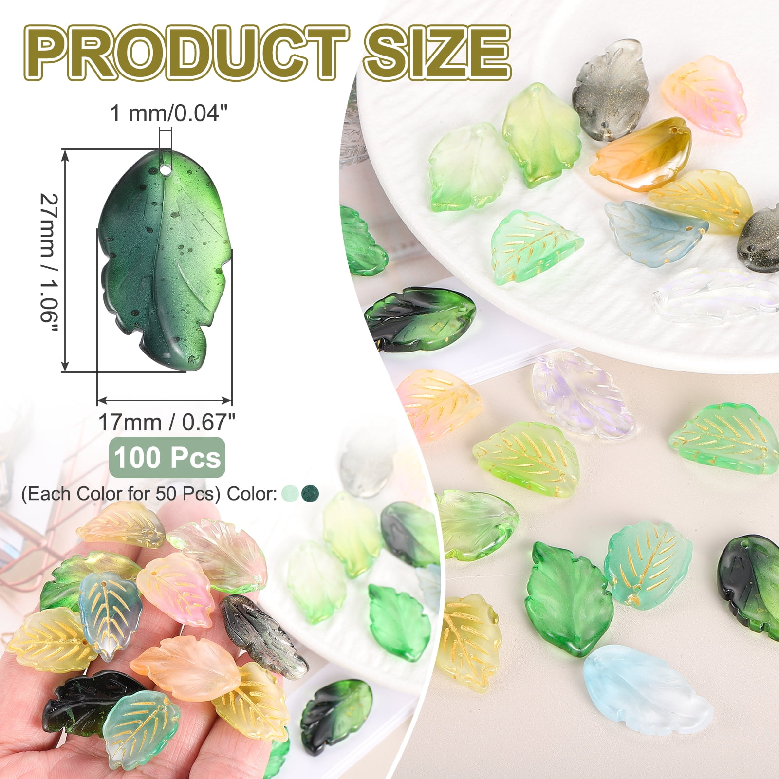 Uxcell Glass Leaf Beads, 100Pcs Cute Crystal Leaf Charms, Translucent Czech Spacer Beads for DIY Jewelry Making Bracelets Necklace Wind Chimes Suncatchers, Grass Green/Dark Green