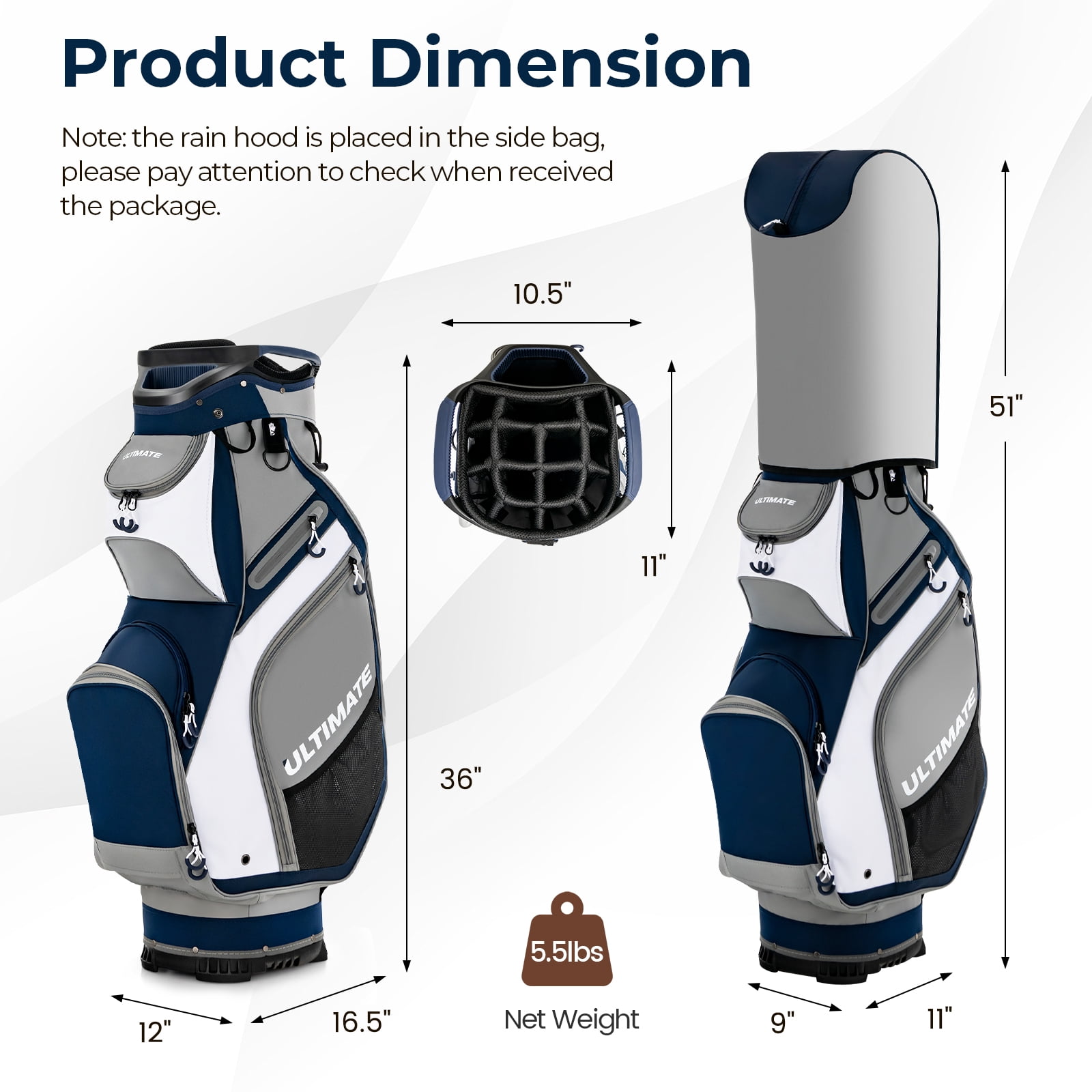 Topbuy Golf Cart Bag Top Golf Clubs Organizer with Pockets Including Waterproof Valuable Pockets Rain Hood and Shoulder Strap Navy + Gray