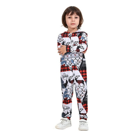 

KOMOO Christmas Family Jumpsuit Pajama Plaid Deer Patchwork Printing Hooded Long Sleeves PJs Family Set Sleepwear Loungewear