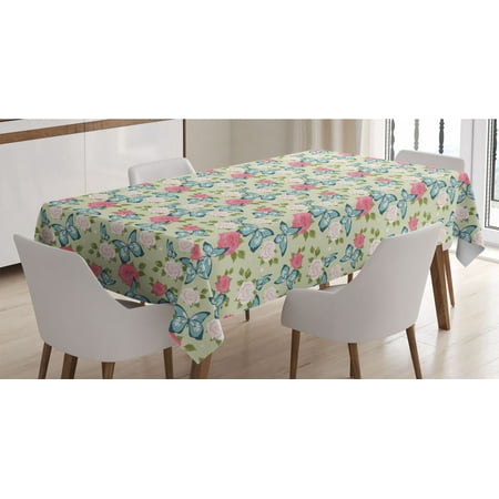 

Insects Tablecloth Repeating Romantic Pattern with Roses and Butterflies Spring Rectangle Satin Table Cover Accent for Dining Room and Kitchen 52 X 70 Pastel Green Multicolor by Ambesonne