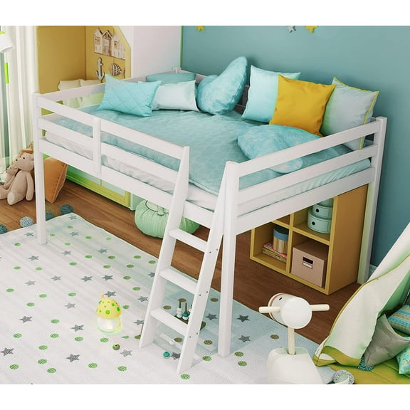 VINGLI Loft Bed Frame with Inclined Ladder, Solid Wood Loft Bed