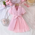 thumbnail image 2 of Glisme Summer Dress For Girls Infant Baby Fashion Color Matching Lapel Puff Sleeve Lace Up Fashion Sundress With Belt Unique Princess Dress For Girl Size 7-8 Years,Pink, 2 of 8