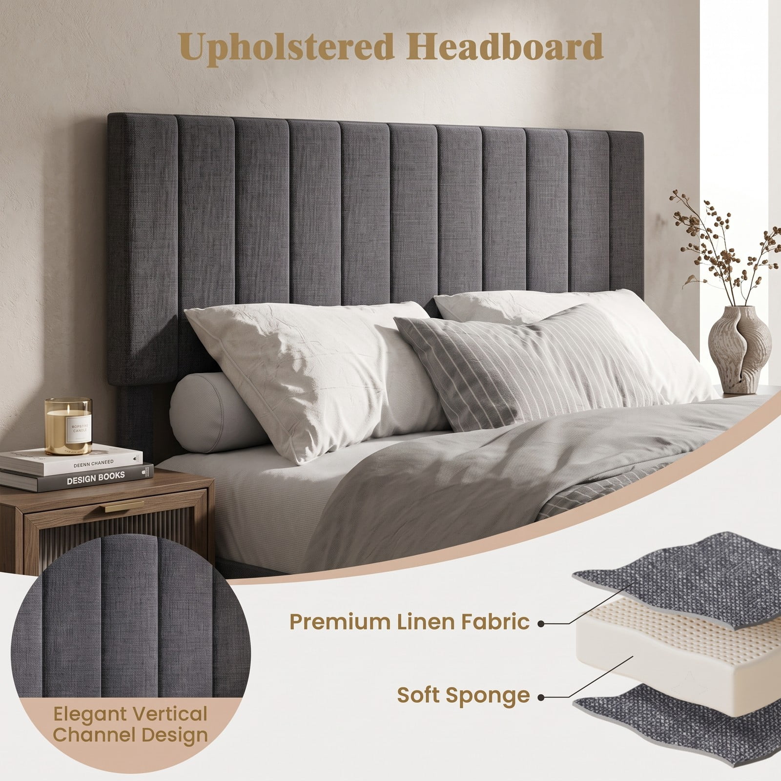 Furnibear Queen Bed Frame, Upholstered Platform Bed Frame with Adjustable Channel Headboard, Queen Bed Frame with Headboard, Modern Gray