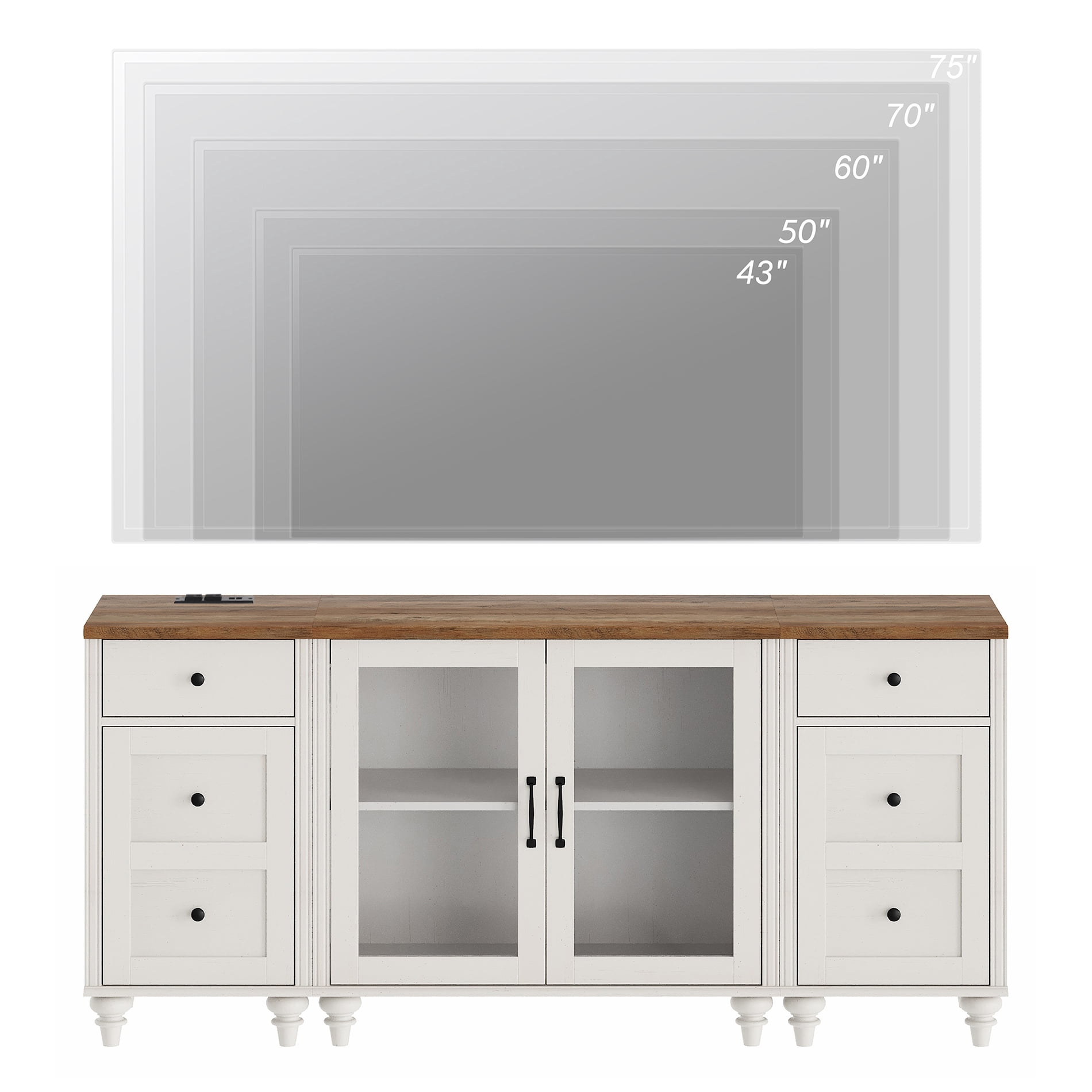 TV Stand for Up to 75 Inch TV, White Wooden Entertainment Center with Charging Station & Glass Door, Buffet Cabinet for Living Room & Dining Room