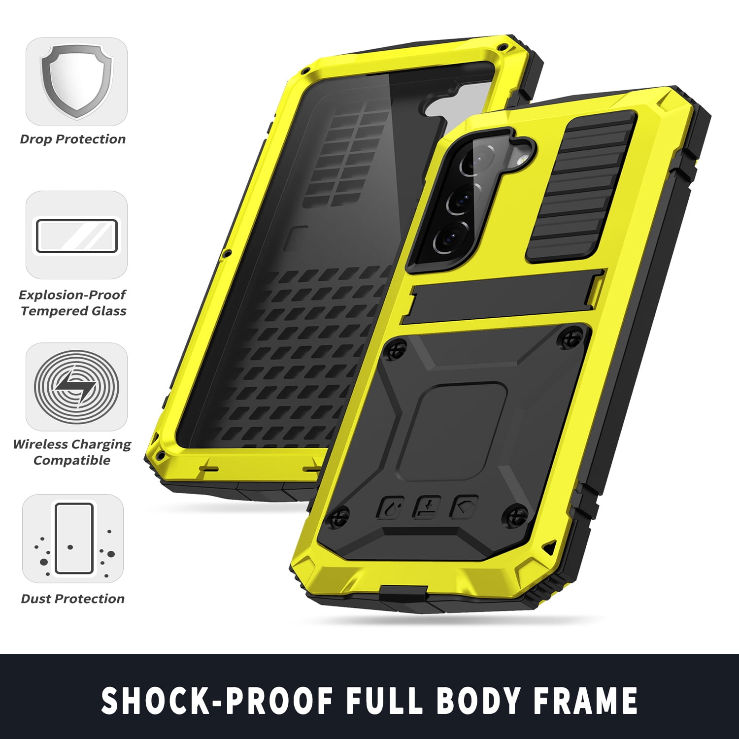 Samsung S21 FE Rugged Full-Body Case, Metal Bumper Built-in Screen Protector&Kickstand,Dustproof Drop-Proof,Full Body Protection Heavy Duty Rugged Military Cover For Samsung Galaxy S21 FE, Yellow