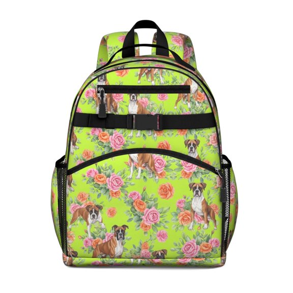 Boxer and Floral Green Pattern Cute School Backpack Bag for School with Padded Back and Adjustable Shoulder Straps 15.25"x11.5"x5.25"