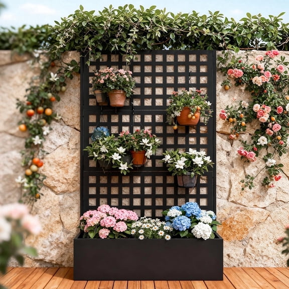 ZIDTIA 70" Metal Planter Box with Trellis, Outdoor Raised Garden Bed with Privacy Screen for Climbing Plants, Trellis Planter Box with Drainage Holes, Metal Planter Box for Patio or Balcony, Black