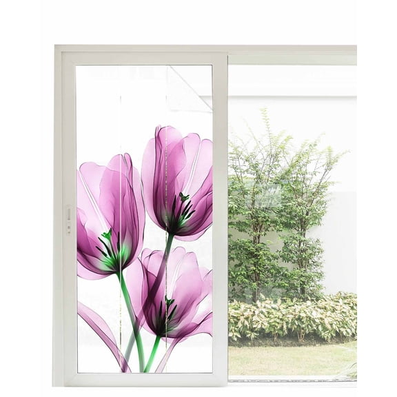 Window Privacy Film Purple Flowers Stained Glass Window Film Decorative Sun Block Window Cover Minimalism Botanical Tulip Floral Plants Window Clings Static Adhesive Sticker for Bathroom 35.4"x78.7"