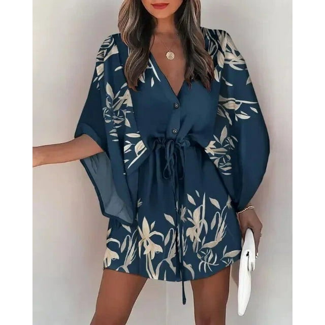 HKEDES Women's Abstract Geo Surplice Loose Leg Romper, Mini Short Flying sleeve, Jumpsu