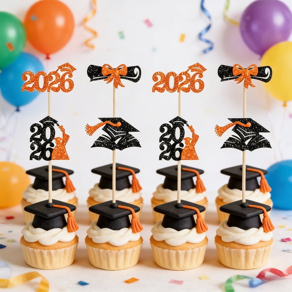 Yhmxh 2026 Graduation Cupcake Toppers, 24 PCS Glitter Grad Cap & Diploma Cake Picks, Food/Appetizer Picks For Graduation Party Mini Cake Decorations for Graduation Party Supplies