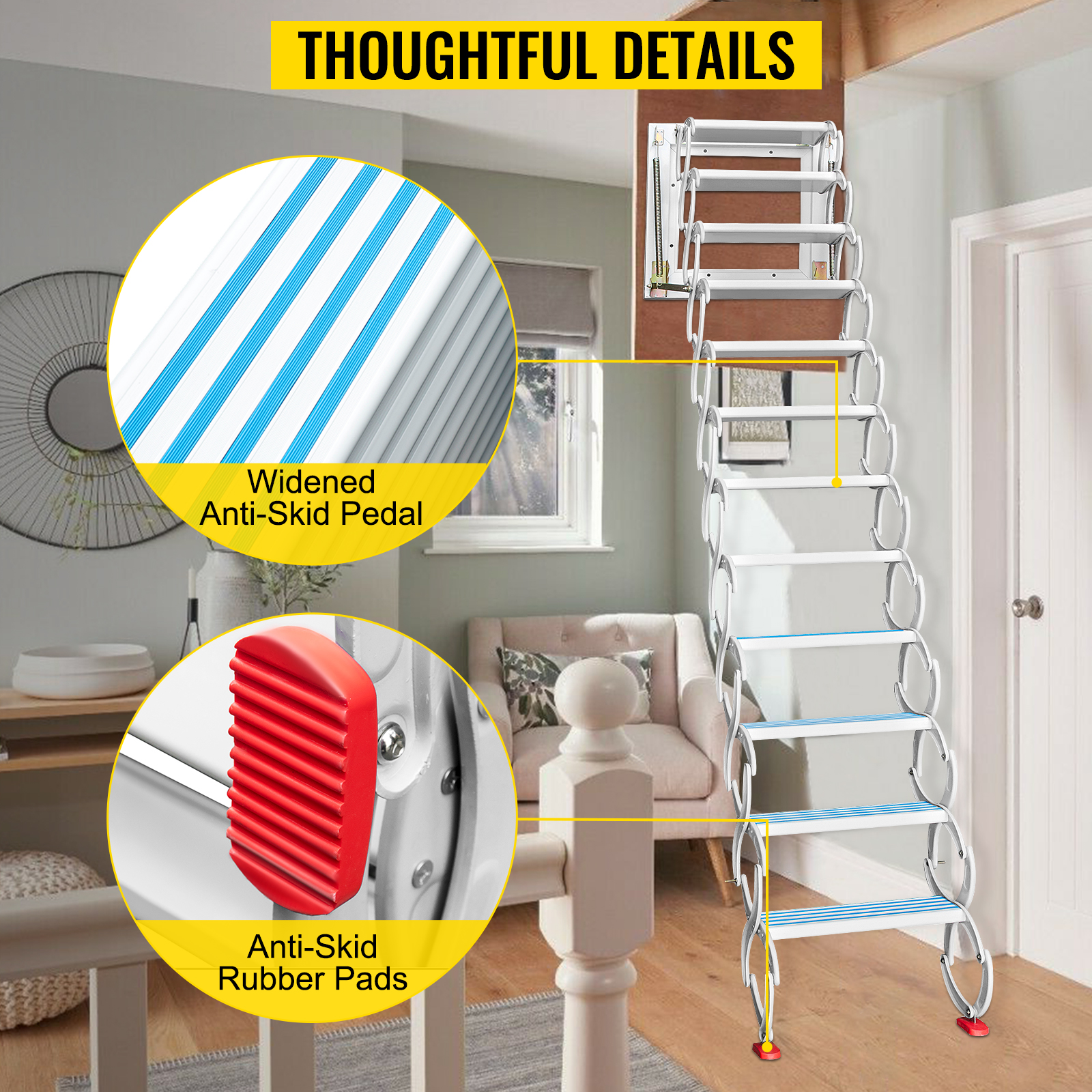VEVORbrand Attic Steps Pull Down 12 Steps Attic Stairs Alloy Attic Access Ladder, White Pulldown, Wall-mounted Folding Stairs For Attic, Retractable Attic Ladder With Armrests, 9.8 Feet Height - image 4 of 9