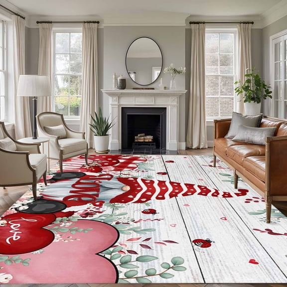 Valentines Area Rugs 8'x10', Washable Small Throw Rugs for Living Room Patio, Pink Red Love Heart Gnomes Eucalyptus Vintage Indoor Outdoor Rug Non-Slip Low Pile Carpet Runner Reversible Floor Mats
